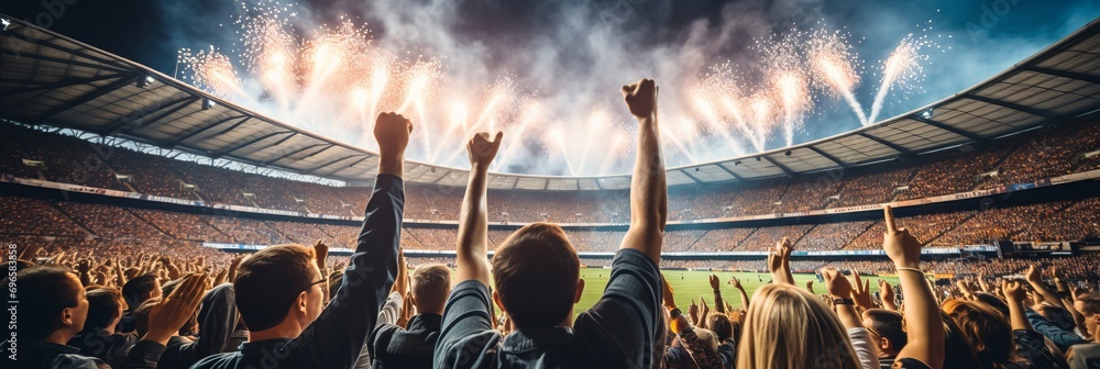 Blurred bokeh effect vibrant sports stadium with cheering fans and action blurred in foreground Blurred bokeh effect vibrant sports stadium with cheering fans and action blurred in foreground