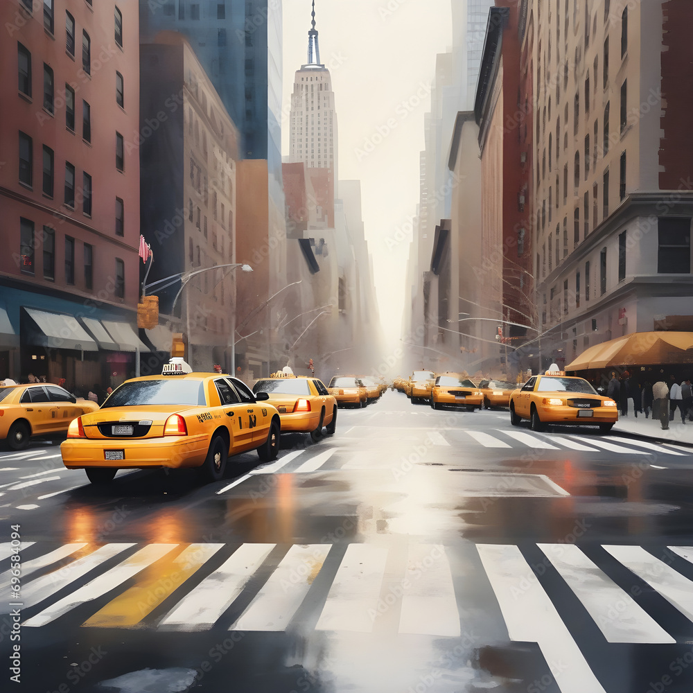 Obraz premium New York City street with taxi: watercolor art painting capturing urban landscape, architecture and the vibrant city life.