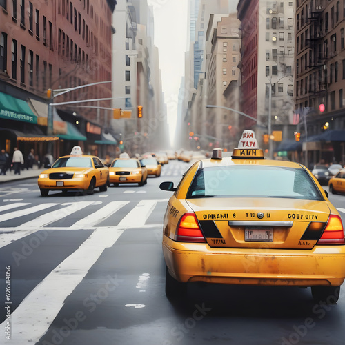 New York City street with taxi: watercolor art painting capturing urban landscape, architecture and the vibrant city life.