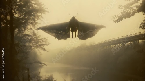 Mothman cryptid from urban legends flying on mysterious and horroristic found footage old photo style vintage damaged film animation photo