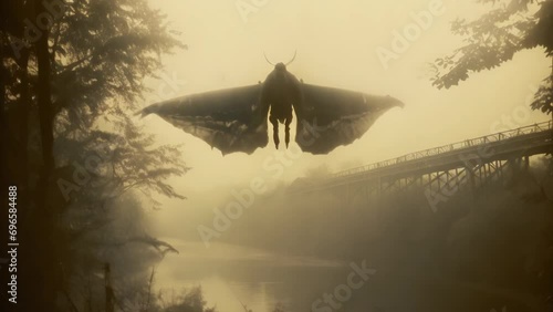Mothman cryptid from urban legends flying on mysterious and horroristic found footage old photo style vintage damaged film animation