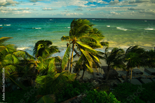 stormy day at tropical beach with palm trees