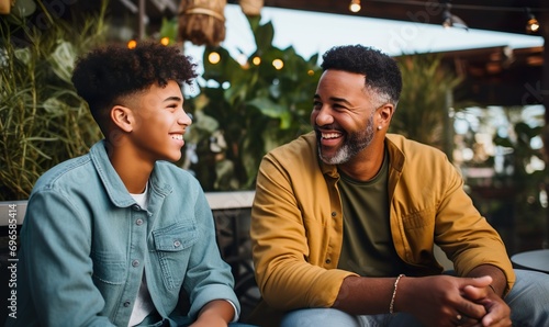 A picture of a joyful teen son and his dad having a conversation at their house. They are enjoying each other’s company and expressing their trust and love.