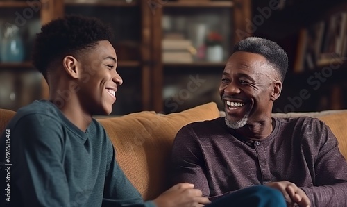 A snapshot of a smiling dad and his teen son talking at their place. They are having fun and confiding in each other, demonstrating their support and affection.