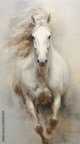 White horse in motion  ideal for decoration and art collections. Illustration in style of oil painting  rough brush strokes. Vertical format