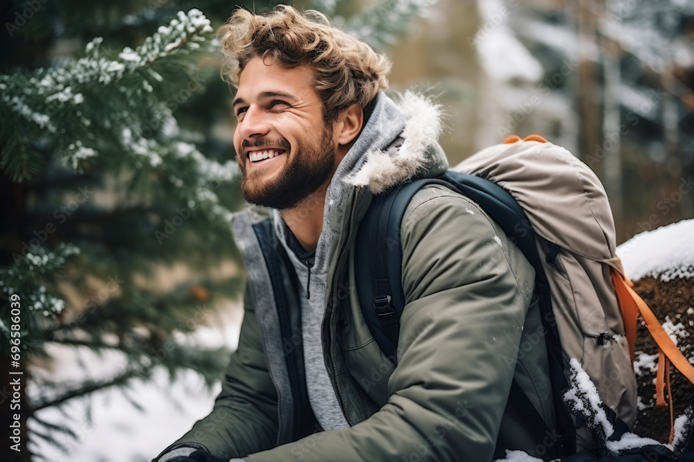 Portrait of young male tourist in outerwear with backpack against snowy spruces. Smiling Caucasian bearded man in winter forest. Portrait of young male tourist in outerwear with backpack against snowy spruces. Smiling Caucasian bearded man in winter forest.