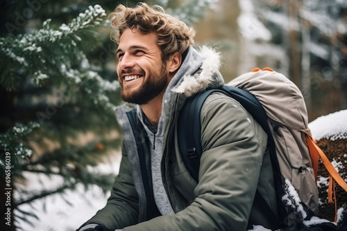 Portrait of young male tourist in outerwear with backpack against snowy spruces. Smiling Caucasian bearded man in winter forest.