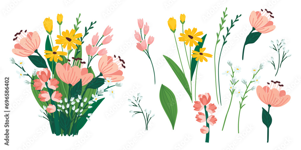 Cartoon set of flowers and twigs and  composition made from them.Floral collection isolated on white background.Vector plants for creating postcards,banners,flyers,patterns.Hand drawn illustration.
