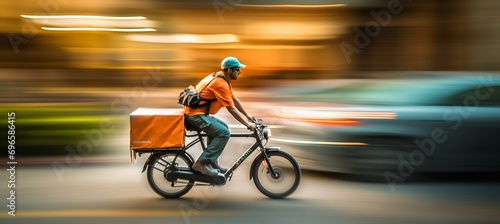 Delivery person carrying package in residential neighborhood with blurred bokeh background