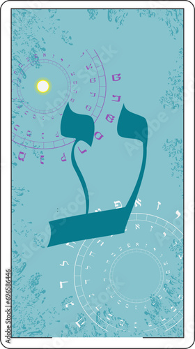 Design for a card of Hebrew tarot. Hebrew letter called Ayin large and blue.