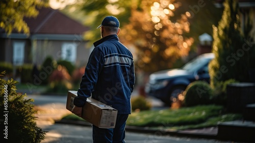 Delivery person carrying package in blurred bokeh background of residential neighborhood