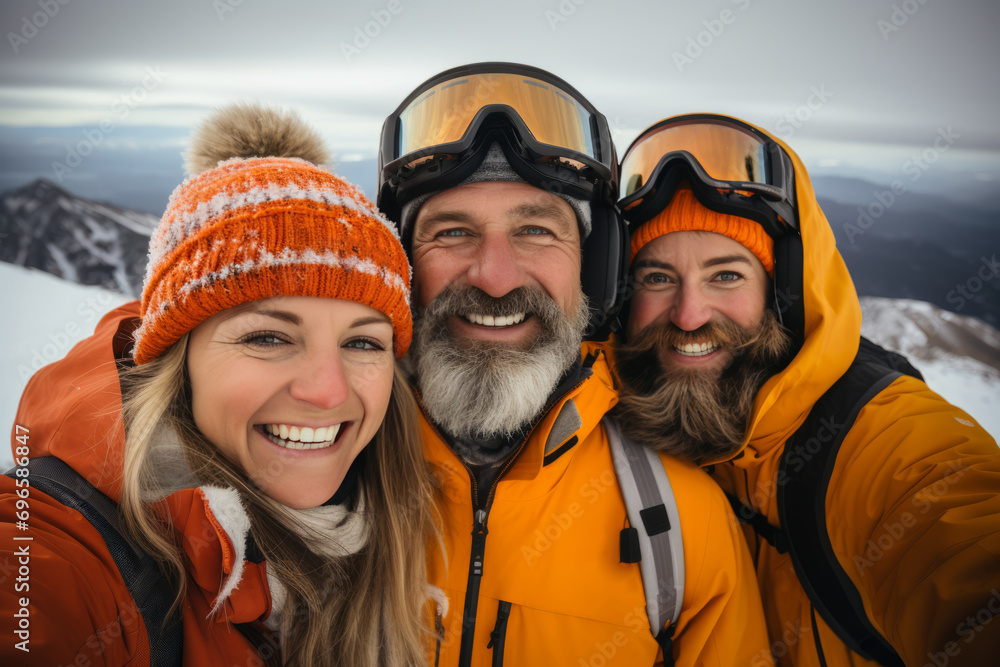 Group of young tourists taking selfie against the backdrop of snowy mountain tops. Cheerful diverse travelers in winter outwear spend vacation together hiking and skiing. Group of young tourists taking selfie against the backdrop of snowy mountain tops. Cheerful diverse travelers in winter outwear spend vacation together hiking and skiing.