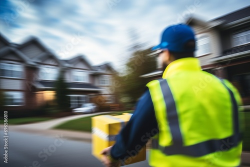 Delivery person carrying package in blurred bokeh background of residential neighborhood
