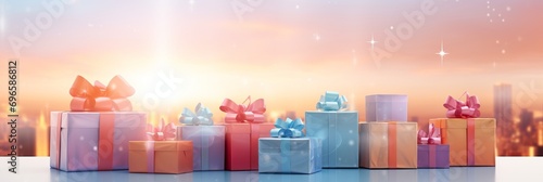 Vibrant stack of colorful gift boxes with blurred bokeh background of a retail store window