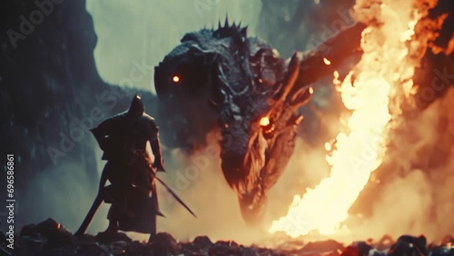 A knight facing a huge fire breathing dragon close-up battle animation photo