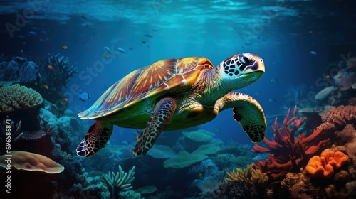  a painting of a turtle swimming in the ocean with corals and other marine life in the background with sunlight streaming through the water.