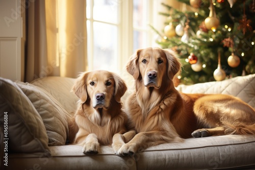 Two cute golden retriever dogs lying on a sofa near Christmas tree in cozy living room. Anticipation of the New Year holidays.