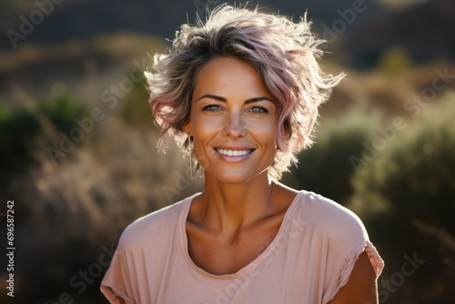 Portrait of beautiful smiling middle aged woman with curly hair in sunny day outdoors