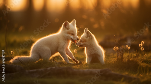 Dois filhotes de raposa albinos brincando na planice com grama alta no fundo desfocado - Papel de parede com iluminação cinematográfica photo