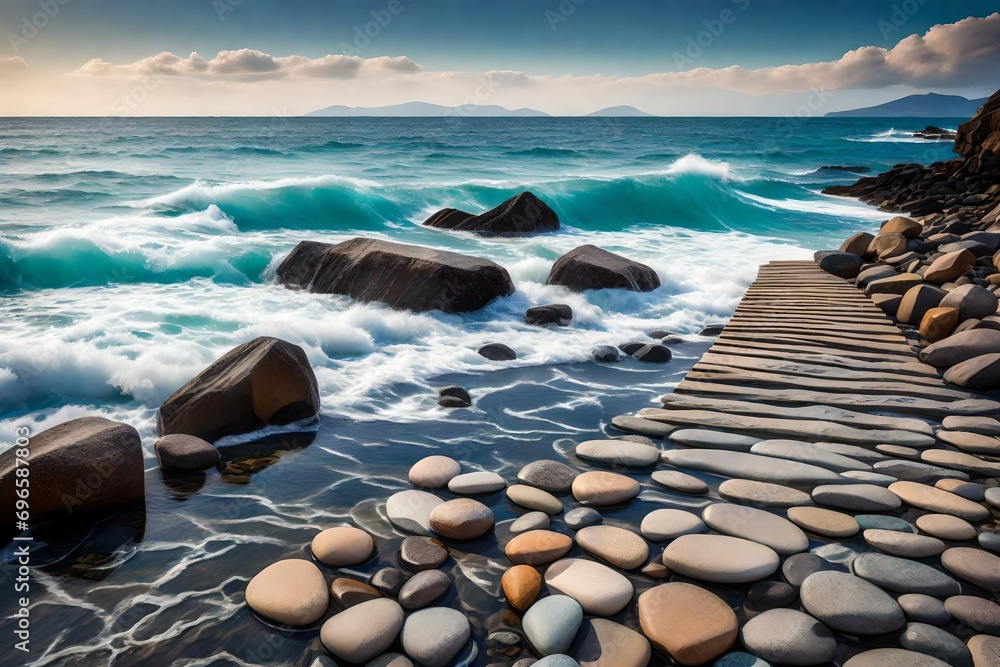 A picturesque ocean stretches infinitely, its waves dancing along the shore. To the right, a pathway of smooth stones forms a tranquil walkway beside the water's edge. 