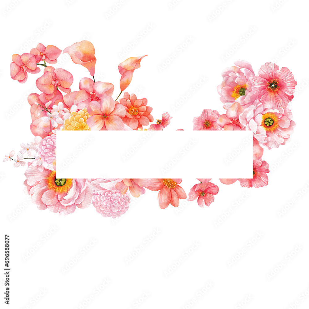 Obraz premium Watercolor frame with spring flowers in peach fuzz color, isolated on transparent background, PNG files, for wedding invitations, cards and posters.