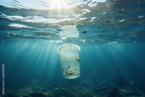 White plastic cup underwater in sea or ocean. Floating plastic cup waste pollution in ocean
