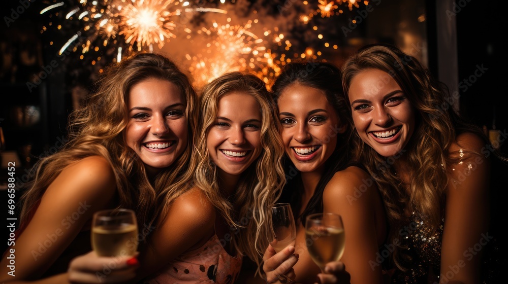 young women group portriat on new year's eve party with champagne and fireworks