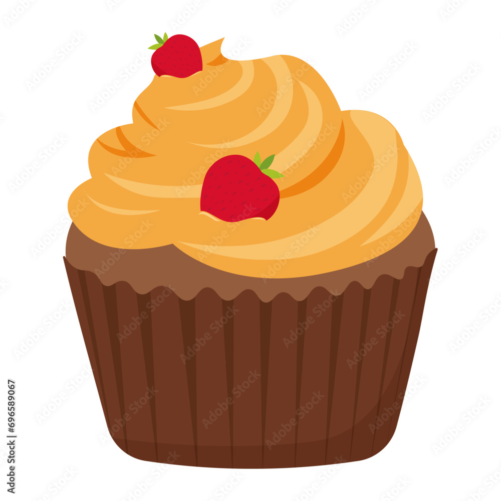 Cupcake with orange glaze and strawberries
