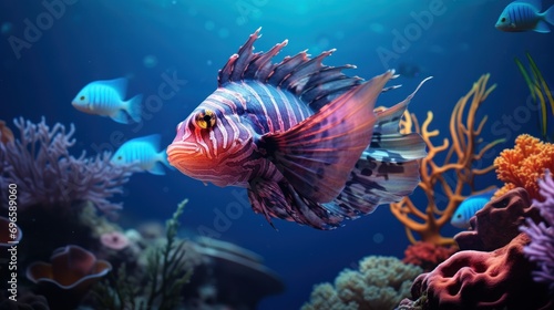  a close up of a fish in an aquarium with a lot of corals and other fish in the background.