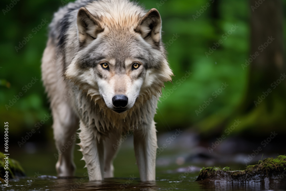 a wet gray wolf lupus hunting in the river