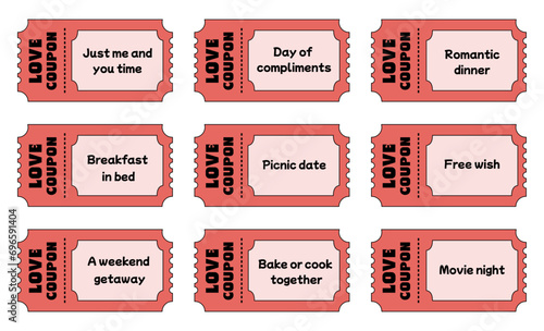 Coupon book for Valentines day. Set of love coupons in trendy retro style. Love coupon for boyfriend or girlfriend. Valentine gift, surprise and present for couples. Valentines day romantic tickets.
