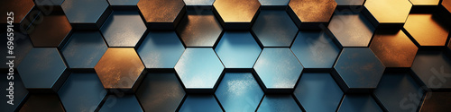 A hexagonal abstract metal background glistening under soft, ambient lighting, accentuating the intricate patterns for a sophisticated visual allure.