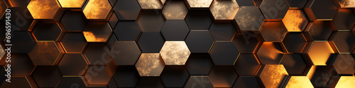 A harmonious display of hexagonal abstract metal panels illuminated by a soft light source, highlighting the metallic patterns and creating an engaging visual effect.