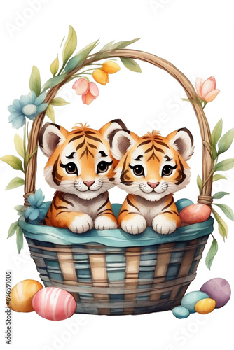  graphic of baby  triger  in an Easter basket with Easter eggs photo