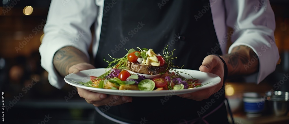 A Close-up of the Waiter's Hand Delivering a Plate of Food in a Restaurant Setting