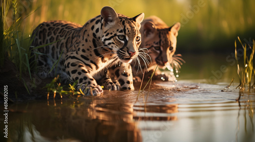 Duas jaguatiricas dentro do lago na floresta ao entardecer - Papel de parede