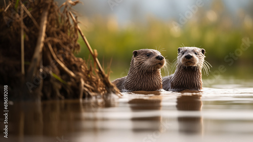 Duas lontras nadando em um rio na floresta - Papel de parede photo