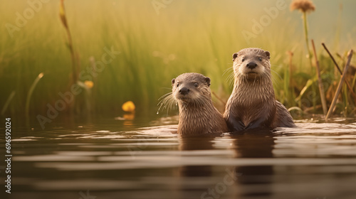 Duas lontras nadando em um rio na floresta - Papel de parede photo