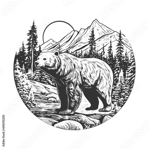 Bear Illustration Clip Art Design Shape. Mountain scene Silhouette Icon Vector.
