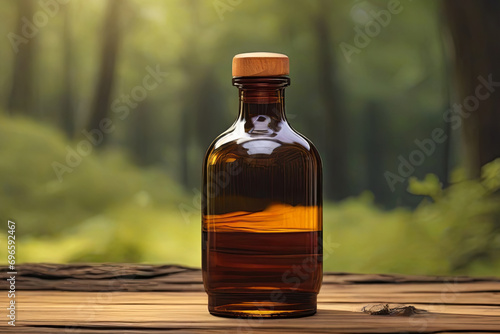 Amber glass bottle, label free, amid natural wood and serene nature backdrop. Organic essence in a captivating visual.