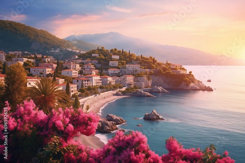 Seafront landscape with azalea flowers. French Riviera, view of stunning picturesque coastal town photo