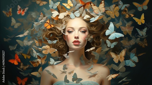 Beautiful surreal portrait of woman with painted butterflies