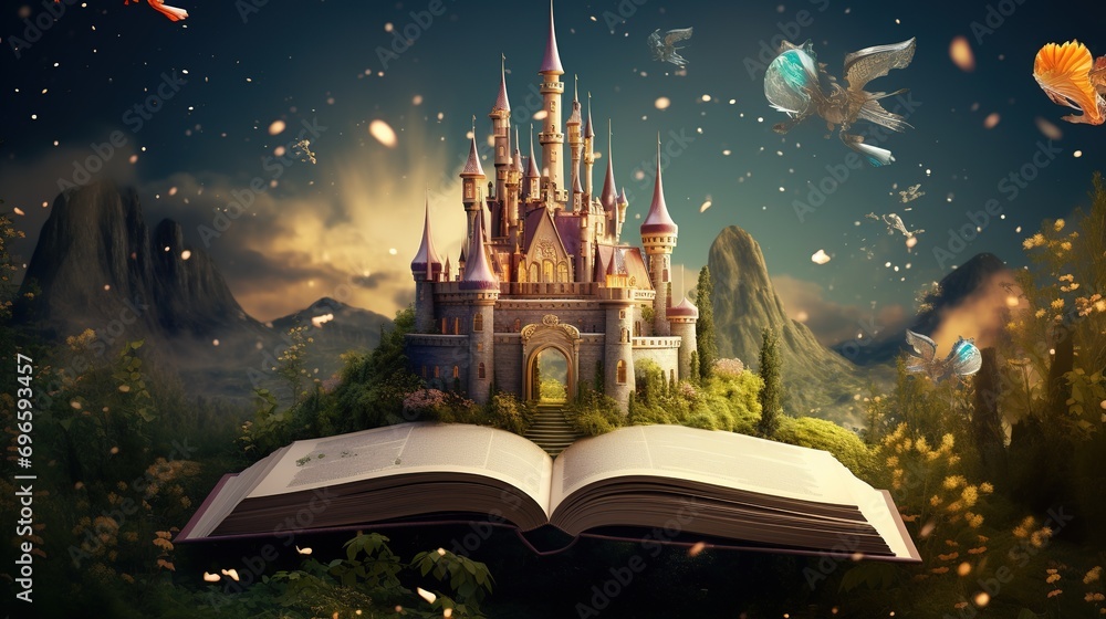 Fairytale concept, with open book and fairy tale castle  - obrazy, fototapety, plakaty 