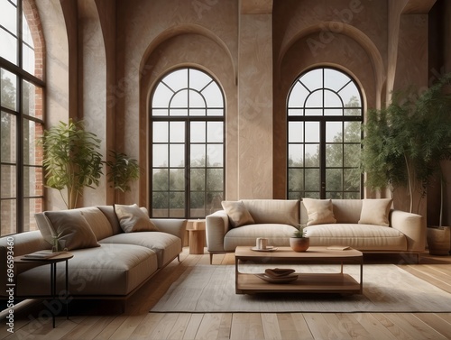 Loft home interior design of modern living room. beige sofa with terra cotta pillows