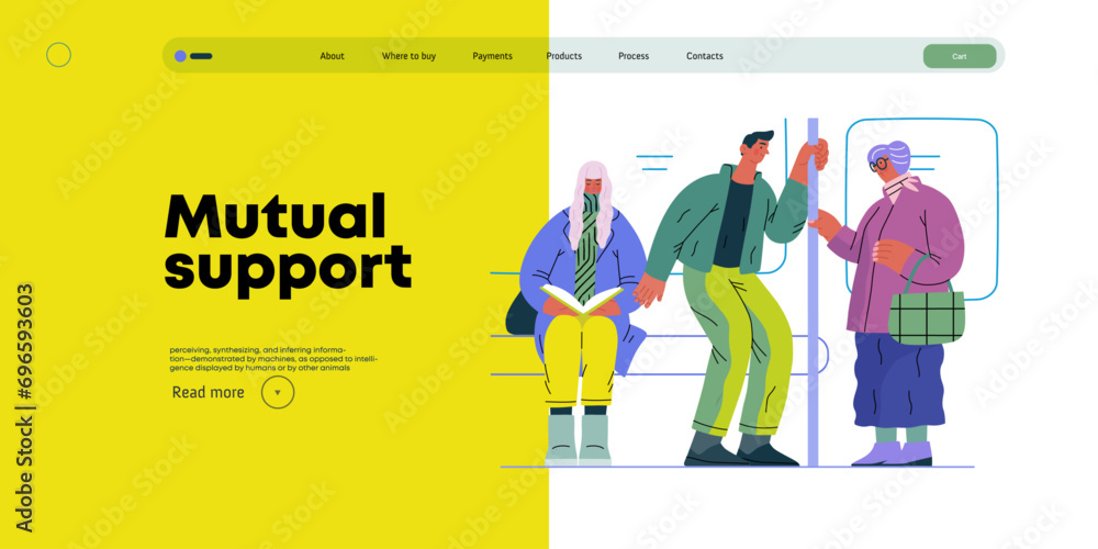 Mutual Support Giving up seat in public transport -modern flat vector concept illustration of man offering his seat to elderly woman on bus A metaphor of voluntary, collaborative exchanges of services - obrazy, fototapety, plakaty 