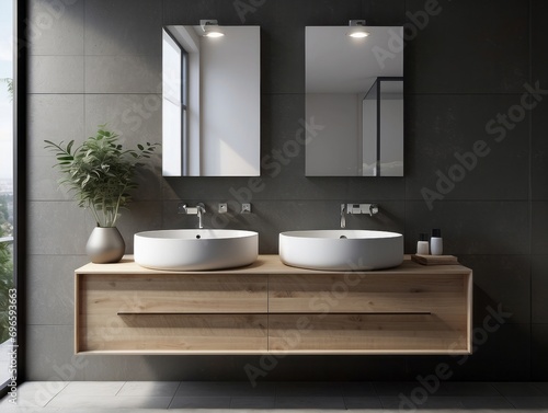 Wall-mounted vanity with white ceramic vessel sink. Interior design of modern scandinavian bathroom