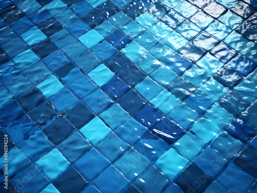 blue tiles of a pool floor with water