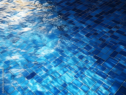 blue tiles of a pool floor with water