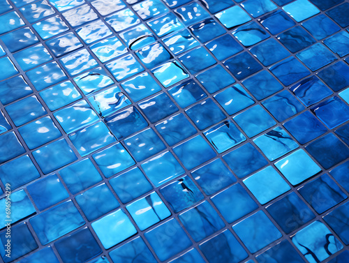 blue tiles of a pool floor with water