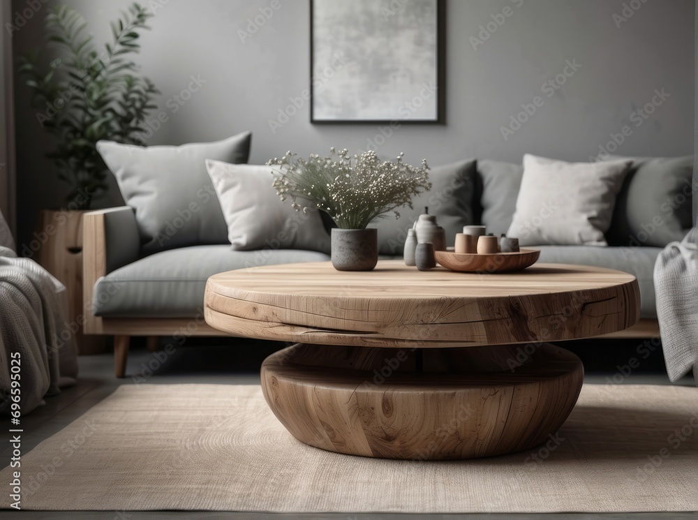 Rustic round wood table near sofa with grey pillows. Scandinavian home interior